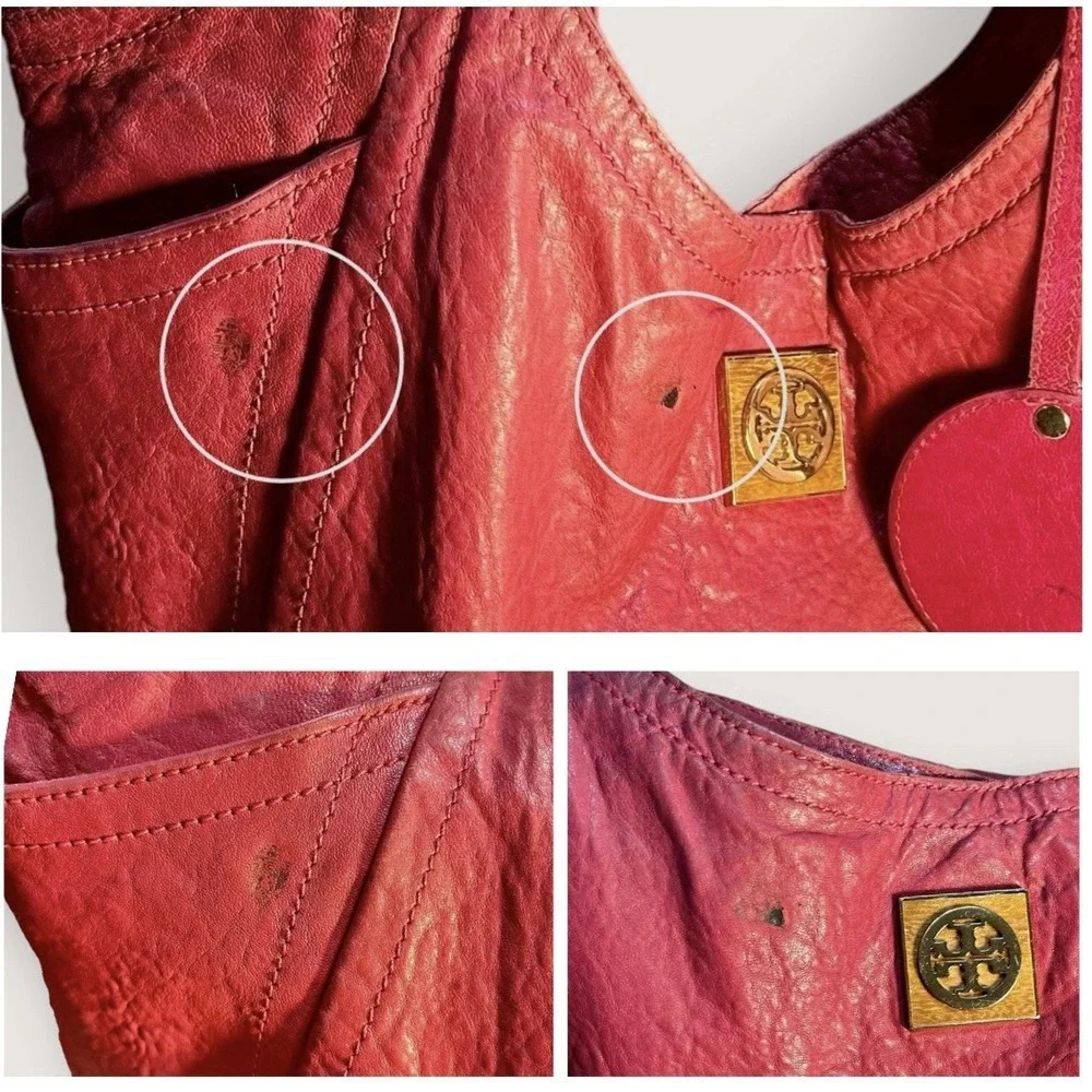 TORY BURCH Louisa Calfskin Leather Slouch Bag Pink Rose Red Merlot Large READ